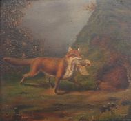 Monogrammist (19. Jh.), "Fuchs mit erlegtem Wild", Öl auf Karton, monogrammiert und datiert FK 186