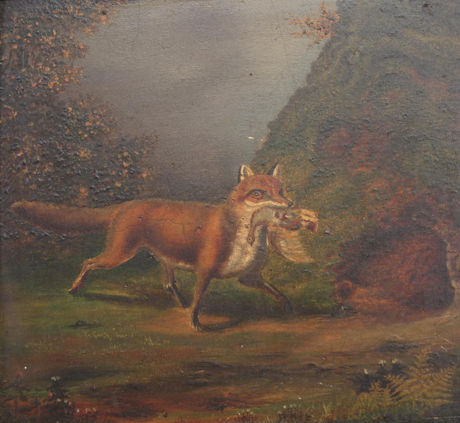 Monogrammist (19. Jh.), "Fuchs mit erlegtem Wild", Öl auf Karton, monogrammiert und datiert FK 186