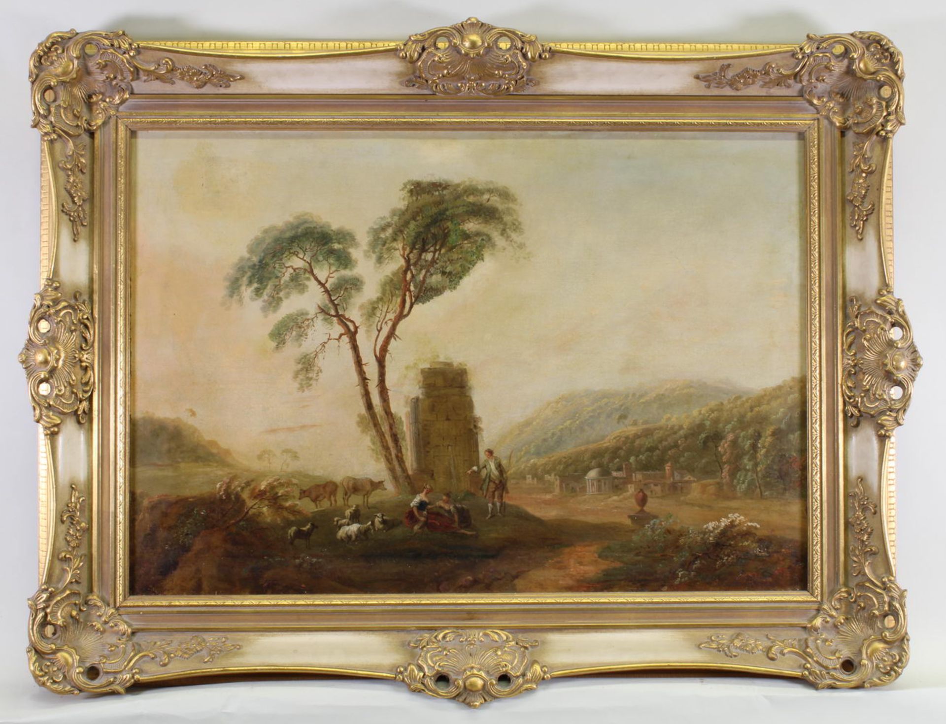 Landschaftsmaler (18./19. Jh.), "Arkadische Landschaft mit Hirten vor Ruine", Öl auf Leinwand, sig - Image 2 of 4