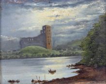 Landschaftsmaler (19. Jh.), "Mondschein über Seenlandschaft", Öl auf Malkarton, 9 x 12 cm, leicht