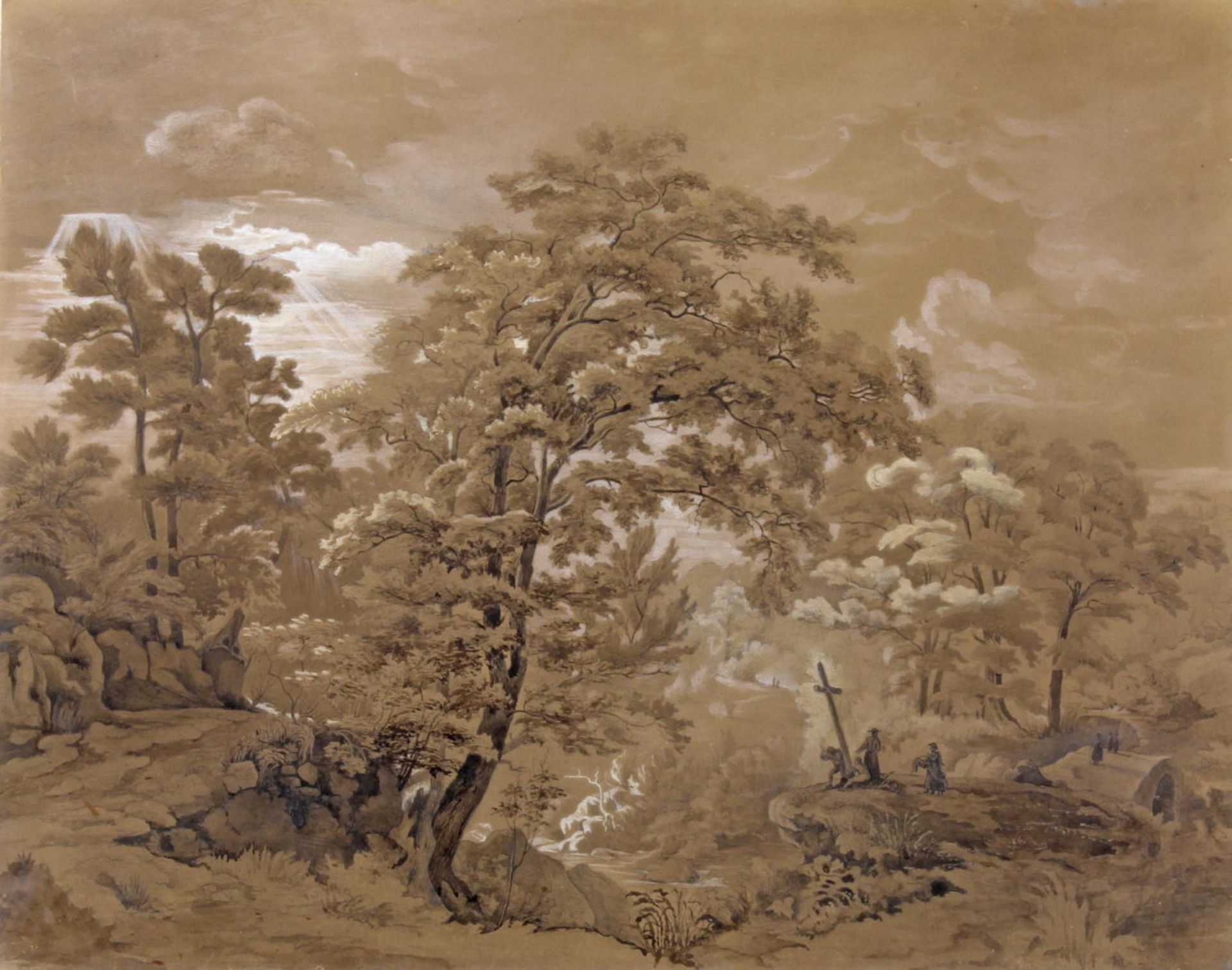 Unbekannter Zeichner (18./19. Jh.), "Waldlandschaft mit Figurenstaffage", Bleistift- und Tuschfeder