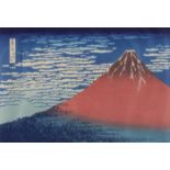 Farbholzschnitt, "Klare Morgendämmerung bei Südwind (roter Fuji)", Japan, 19./20. Jh., Katsushika