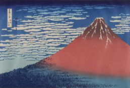 Farbholzschnitt, "Klare Morgendämmerung bei Südwind (roter Fuji)", Japan, 19./20. Jh., Katsushika