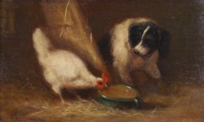Guillaume, J. (19./20. Jh.), "Der Futterdieb", Hund und Huhn im Stall, Öl auf Holz, signiert unten