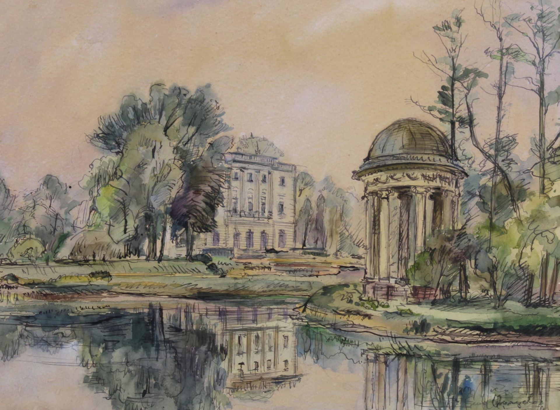 Deutscher Maler (Mitte 20. Jh.), "Schlosspark Lützschena in Leipzig", aquarellierte Federzeichnung