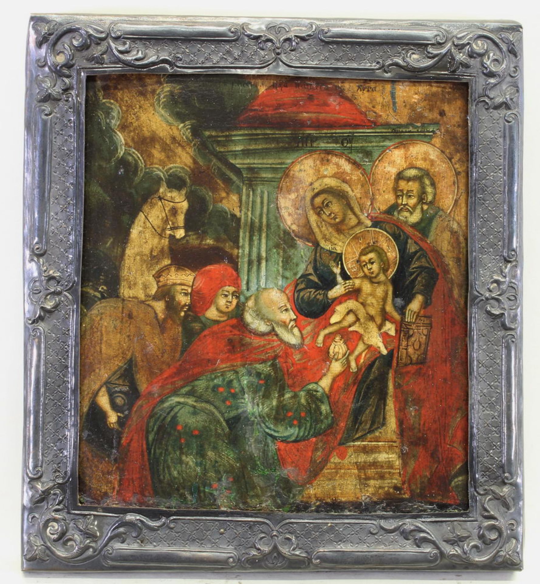 Ikone, Tempera auf Holz, "Anbetung der Hl. Drei Könige", Russland 19. Jh., Metallbasma, 31.5 x 28.