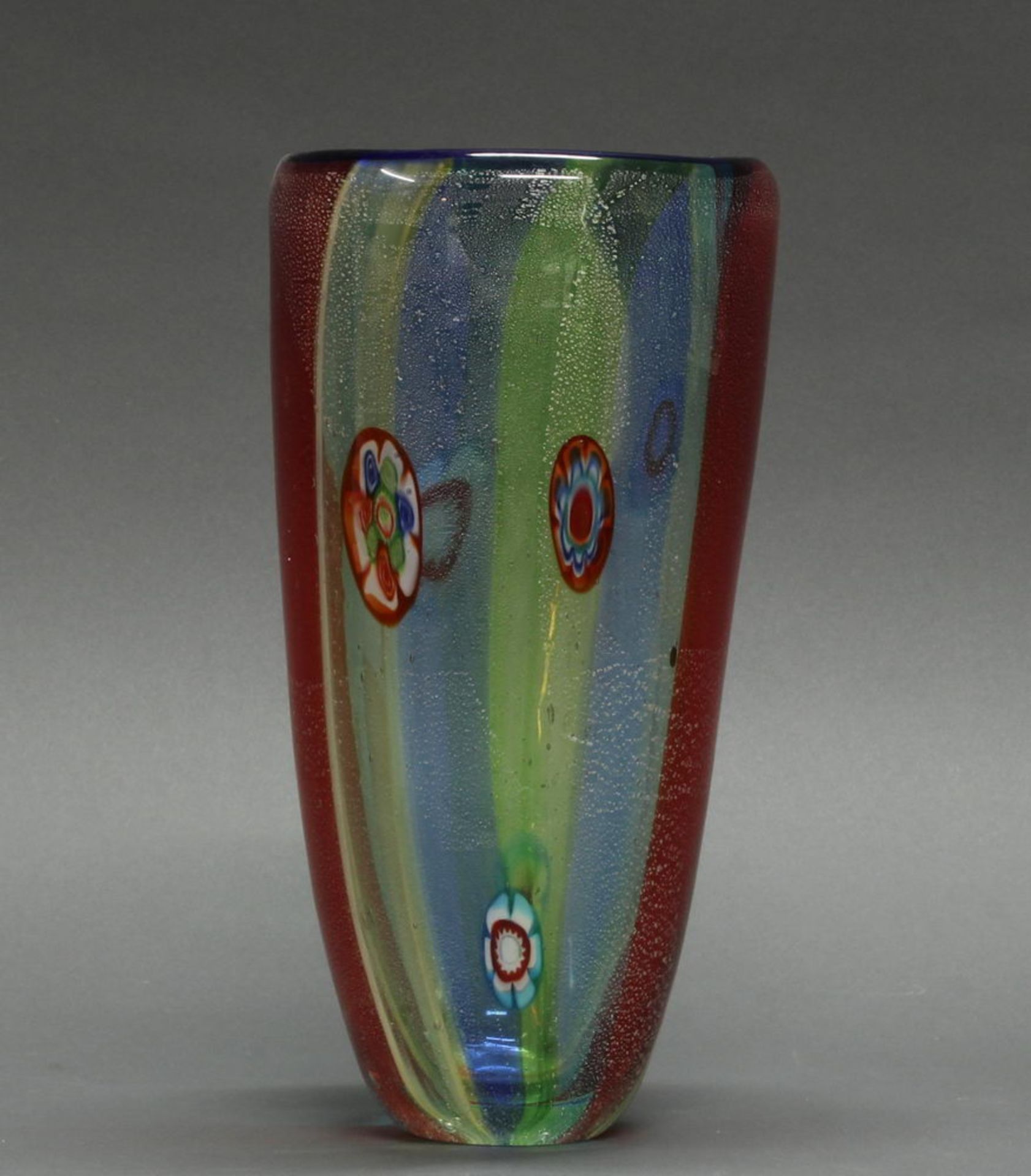 Vase, Murano-Art, polychromes Glas mit farbigen Silberstaub-Einschmelzungen, 29 cm hoch