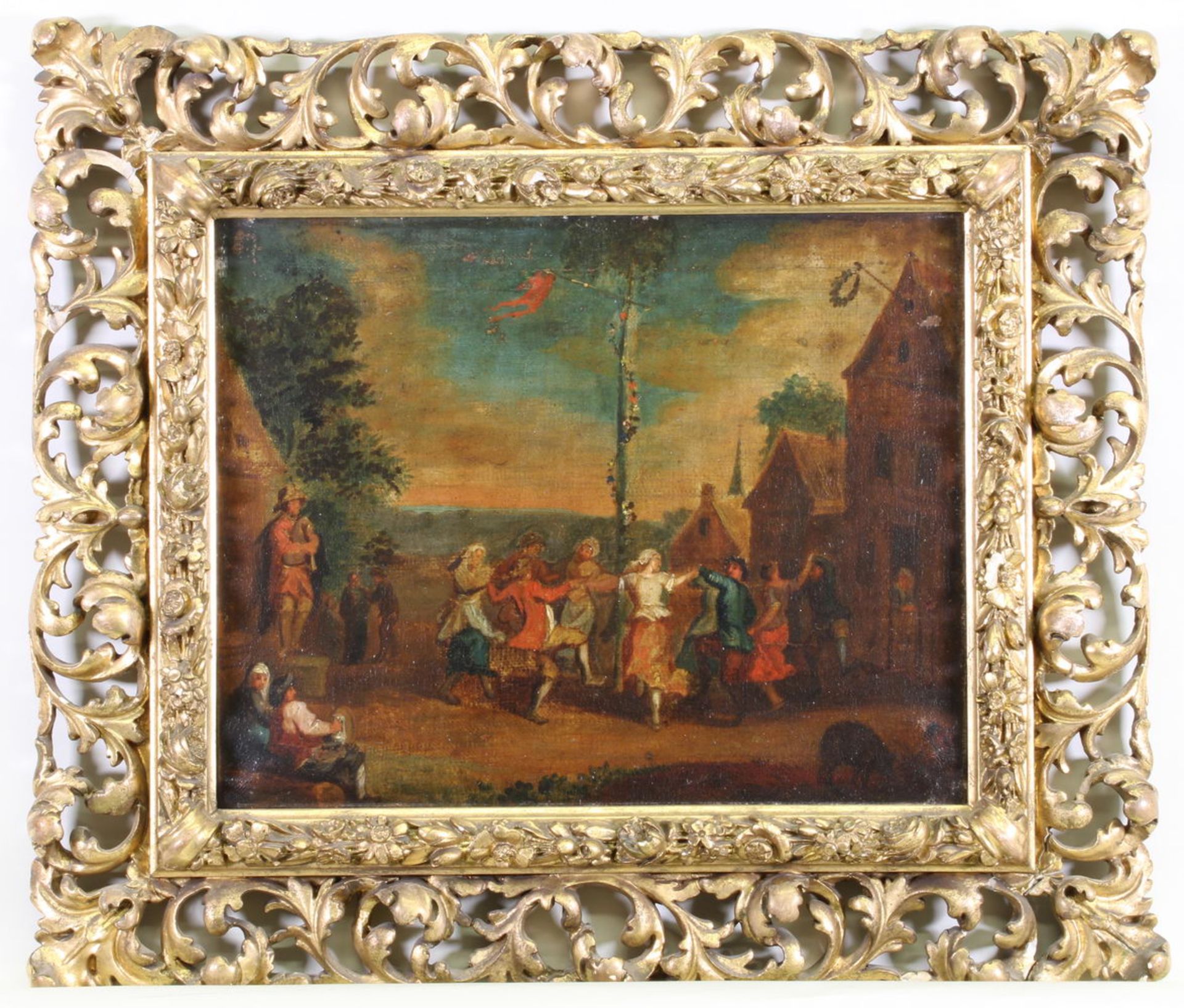 Genremaler (18. Jh.), "Bauerntanz", Öl auf Holz, doubliert, 27.5 x 34 cm, stark verpresst, kleine - Image 2 of 4