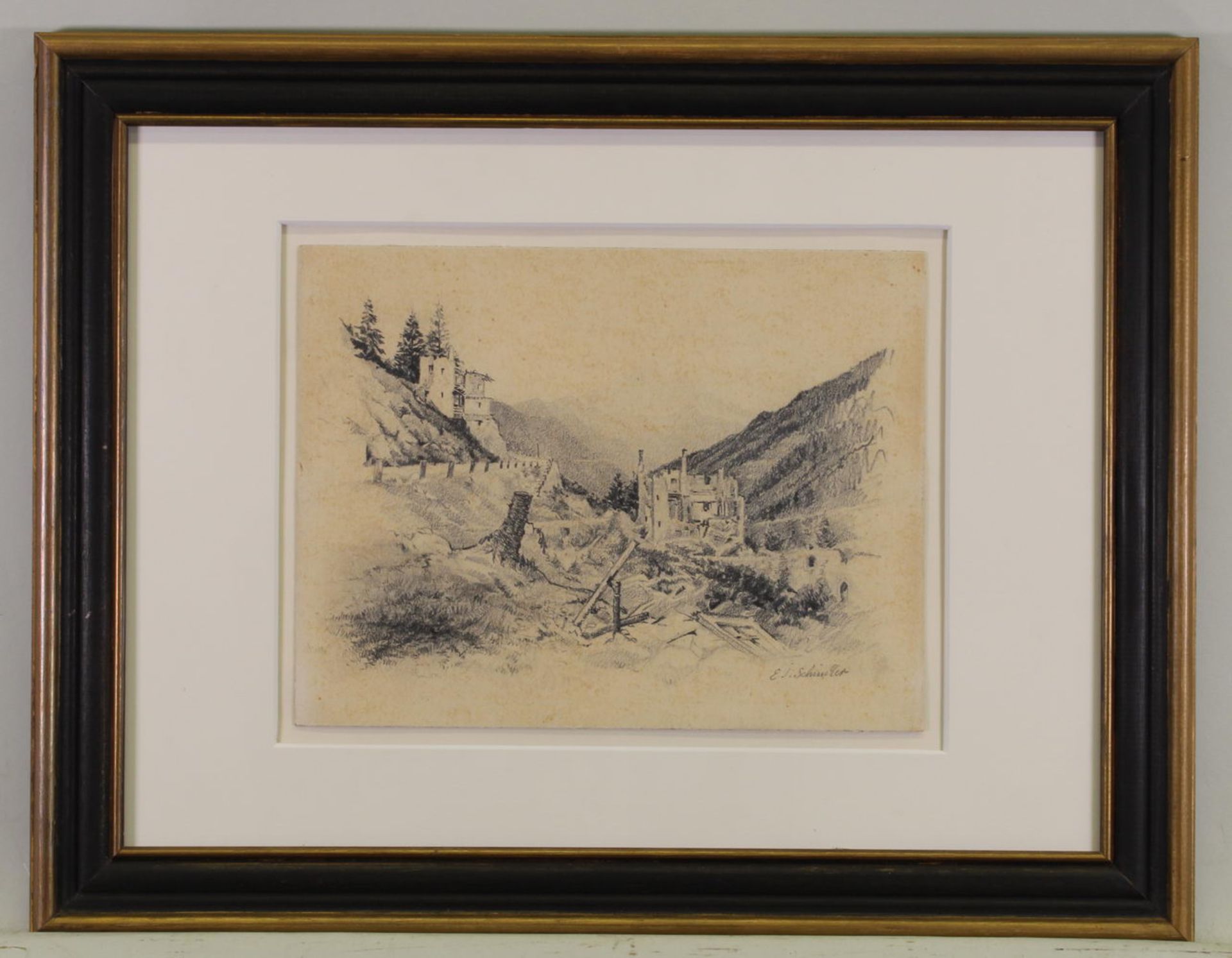 Schindler, Emil Jakob (1842 - 1892, Wiener Maler), "Blick auf eine Burg (Österreich)", Bleistift a - Image 2 of 3