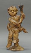 Skulptur, Holz geschnitzt, "Kandelaberengel", 18./19. Jh., 42 cm hoch, alter Wurmfraß, Reste von F