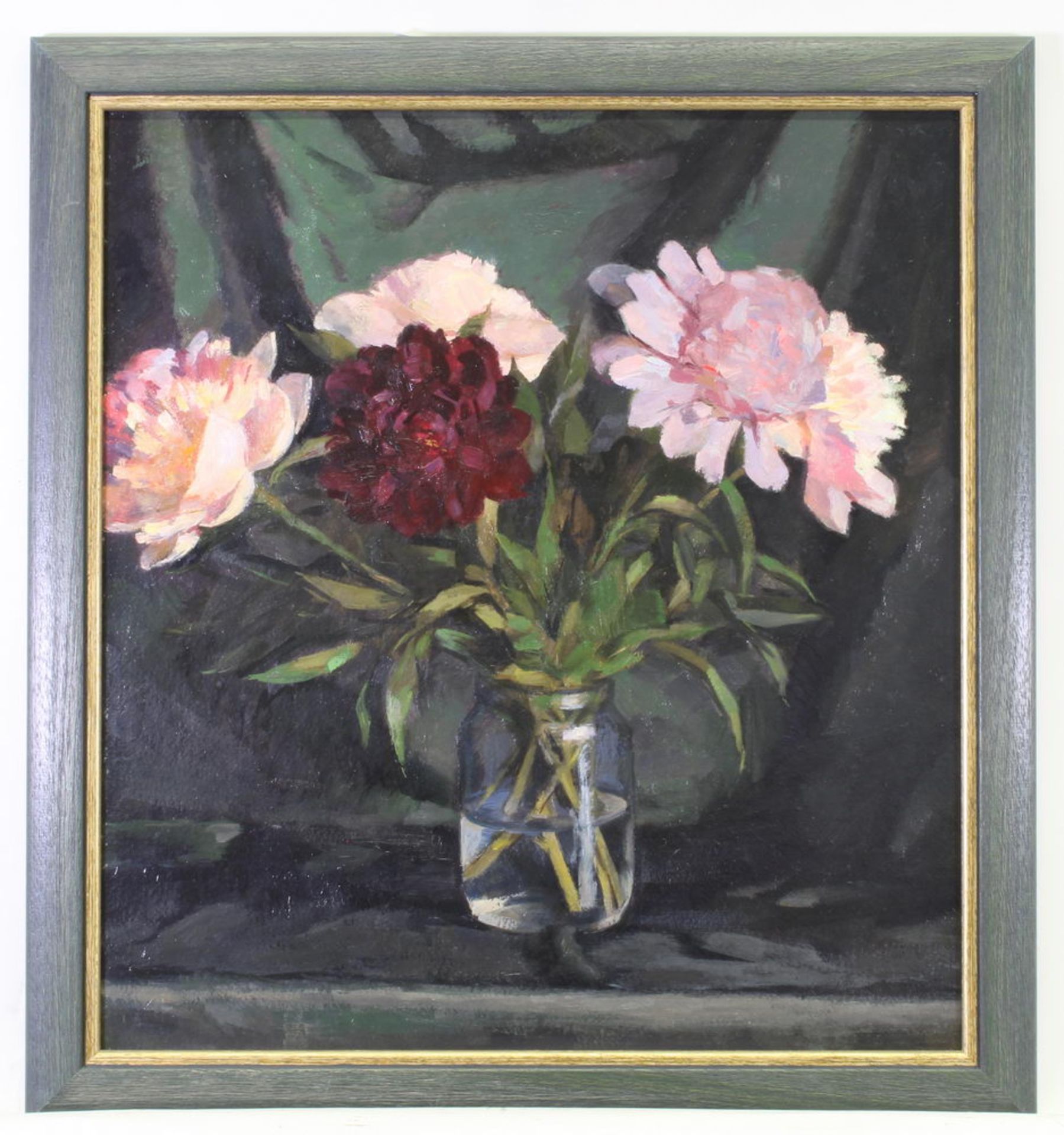 Stilllebenmaler (20. Jh.), "Blumenstillleben", Öl auf Karton, ca. 54 x 50 cm - Bild 2 aus 3