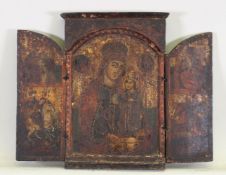 Ikone, Tempera auf Holz, "Muttergottes mit Kind, dem Erzengel Michael und anderen Heiligen", wohl R