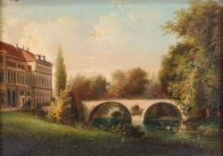 Niederländischer Maler (um 1850), "Brücke vor einem Schloss in den Niederlanden", Öl auf Karton,