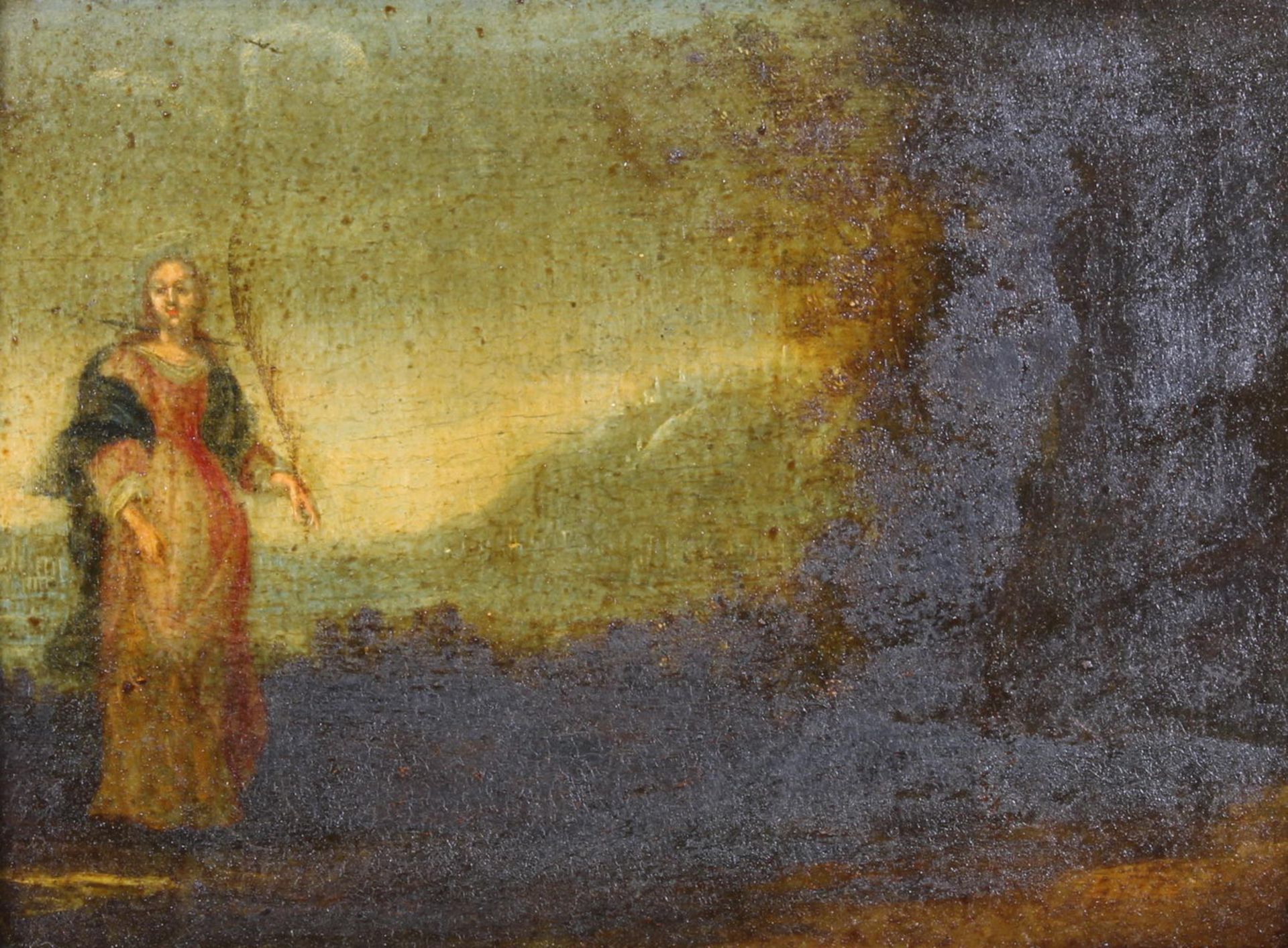 Sakralmaler (16./17. Jh.), "Heilige mit Palmzweig in Landschaft", Öl auf Holz, 19.5 x 25 cm, stark