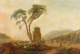 Landschaftsmaler (18./19. Jh.), "Arkadische Landschaft mit Hirten vor Ruine", Öl auf Leinwand, sig