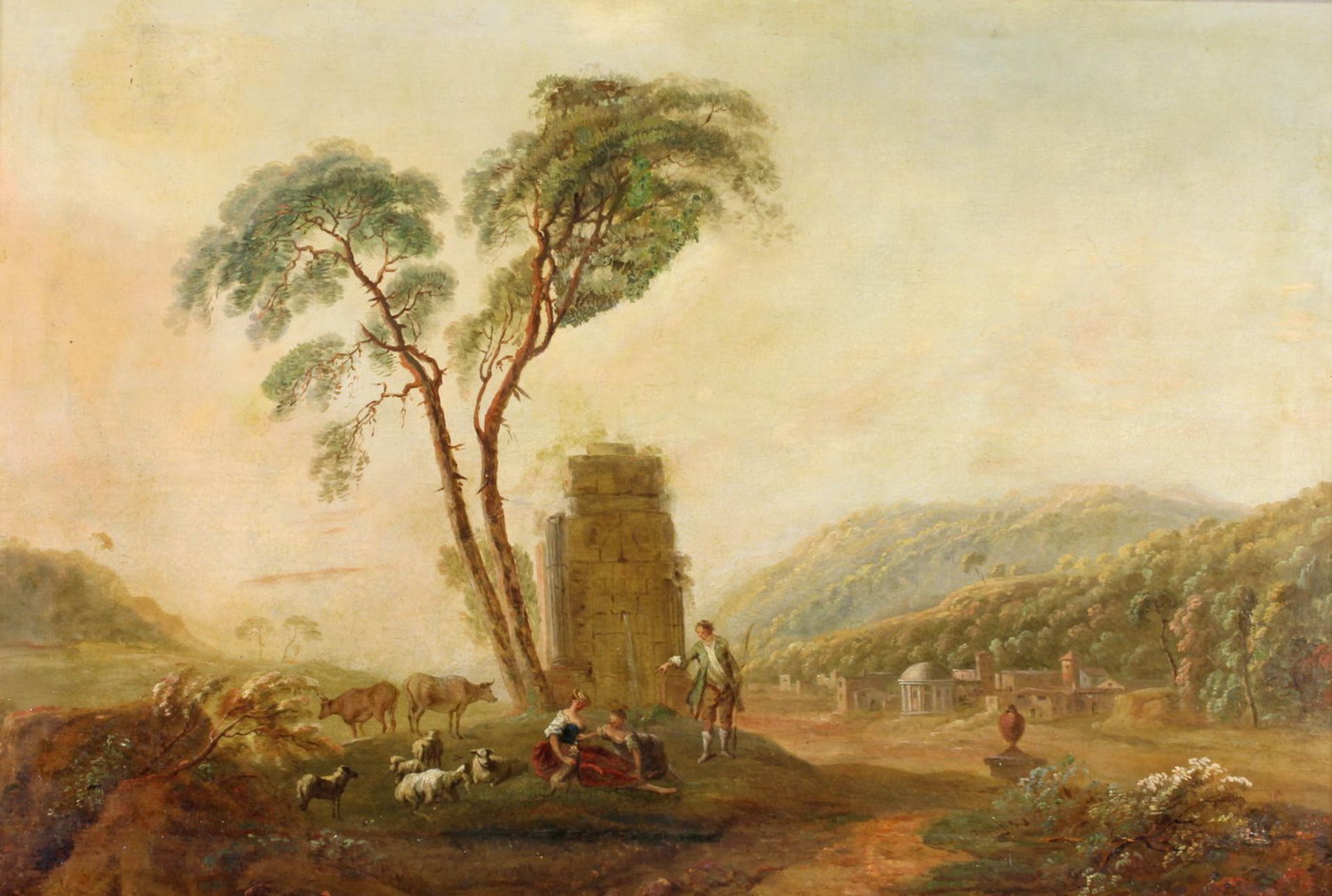 Landschaftsmaler (18./19. Jh.), "Arkadische Landschaft mit Hirten vor Ruine", Öl auf Leinwand, sig