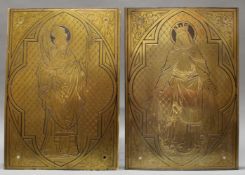 2 Reliefplatten, Metall, "Heiligendarstellungen", um 1900, jeweils 53 x 37 cm, kleine Beschädigung