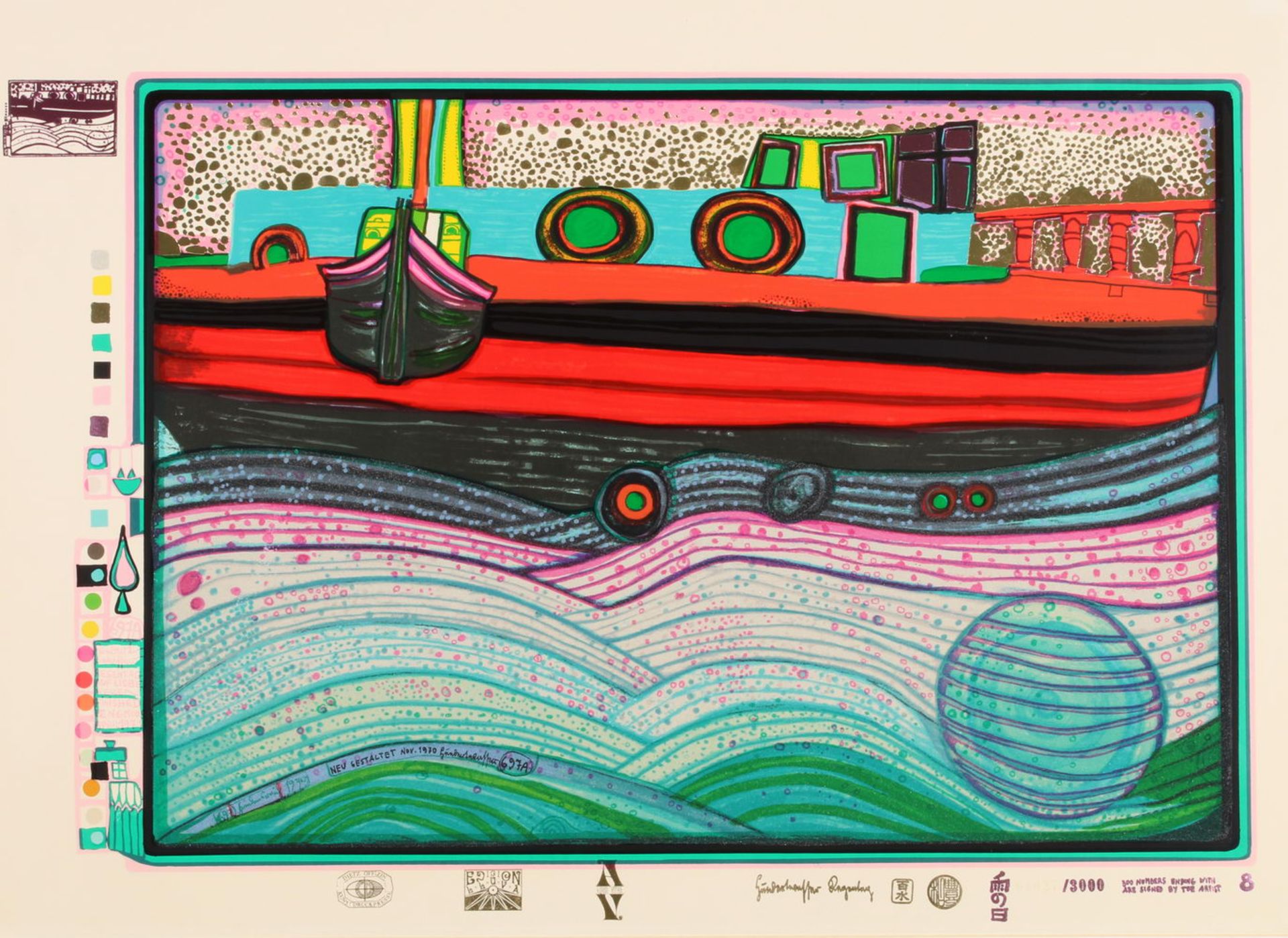 Hundertwasser, Friedensreich (1928 Wien - 2000), "Regentag auf Liebe Wellen", Farbserigrafie auf Pa