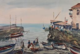 Spanischer Künstler (20. Jh.), "An einer südlichen Küste (Kanaren)", Aquarell auf Papier, signie
