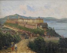 Landschaftsmaler (19. Jh.), "Blick auf den Burgpalast in Budapest", Öl auf Holz, 18 x 23.5 cm, ver