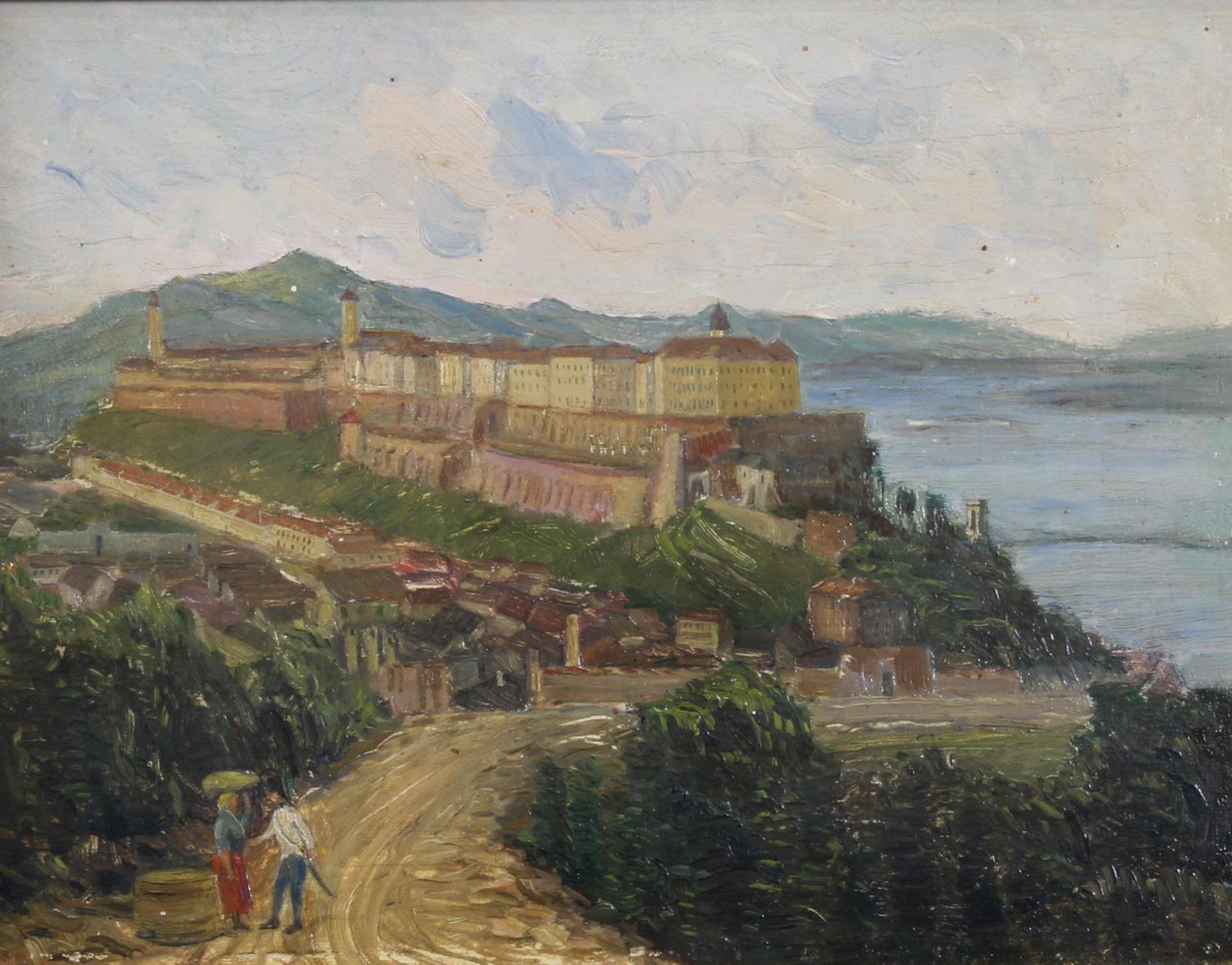 Landschaftsmaler (19. Jh.), "Blick auf den Burgpalast in Budapest", Öl auf Holz, 18 x 23.5 cm, ver