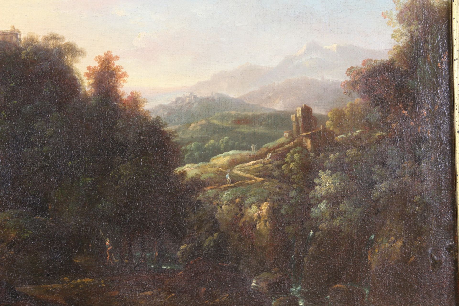 Niederländischer Landschaftsmaler (18. Jh.), "Arkadische Landschaft", Öl auf Leinwand, doubliert, - Bild 3 aus 4