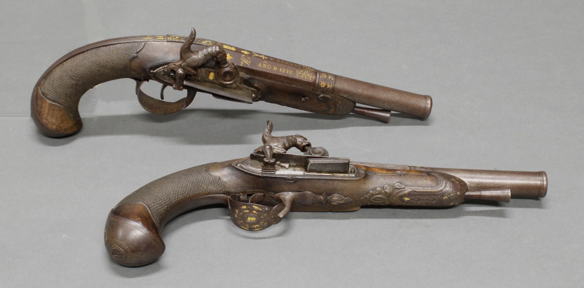 Paar Perkussions-Pistolen, Spanien, signiert und datiert D ERRAD(s) EN EIBAR, ANO D 1818, wohl Besi