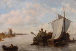Niederländischer Meister (17. Jh.), "Schiffe auf einem holländischen Kanal", Öl auf Holz, 33 x 4