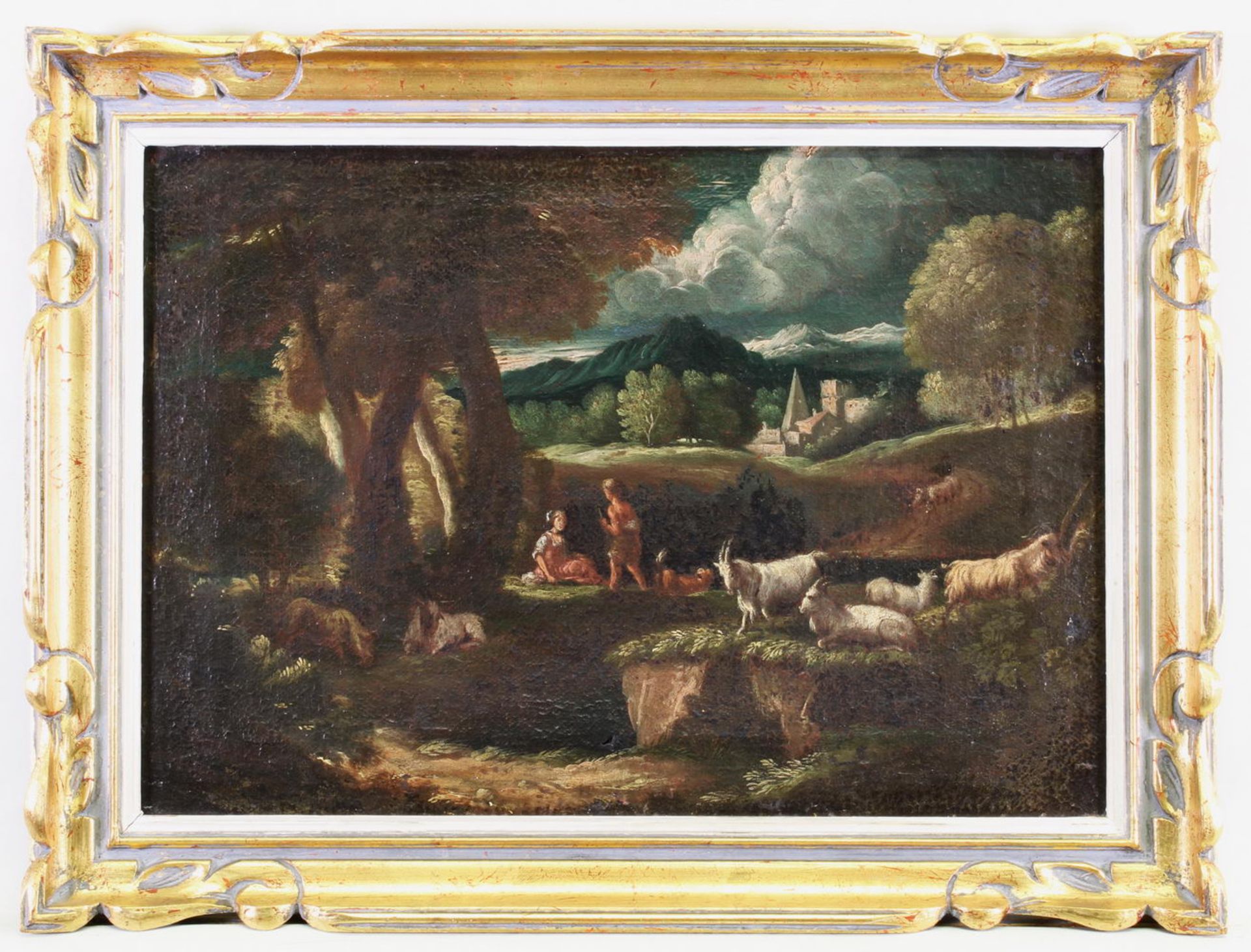 Landschaftsmaler (18. Jh.), "Schäfer mit Vieh in weiter Landschaft", Öl auf Leinwand, 32 x 45 cm, - Image 2 of 3