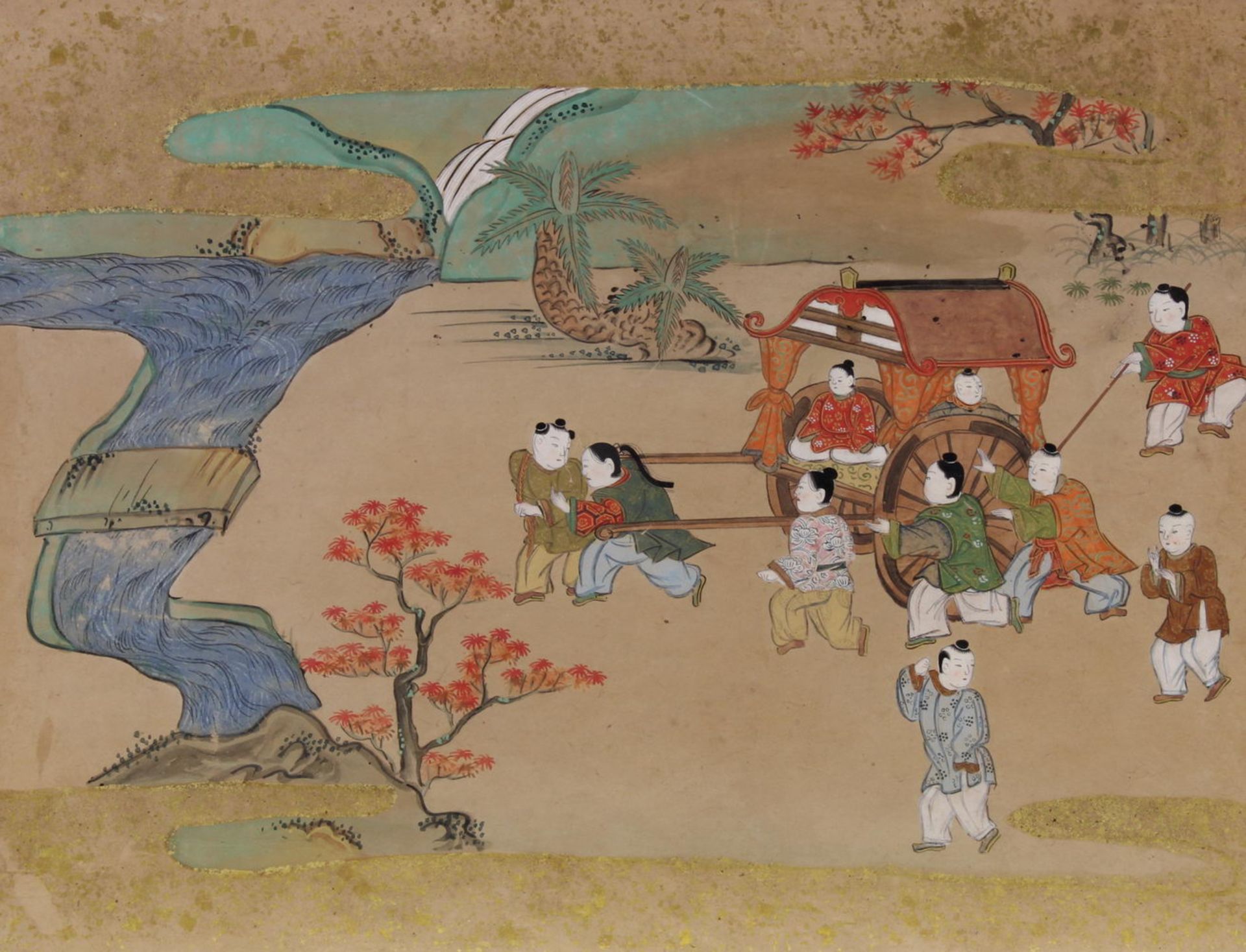 12 Malereien, "Figuren in Landschaft oder Palastanlage", Japan, spätes 19. Jh., Farbe und Gold auf - Bild 6 aus 12