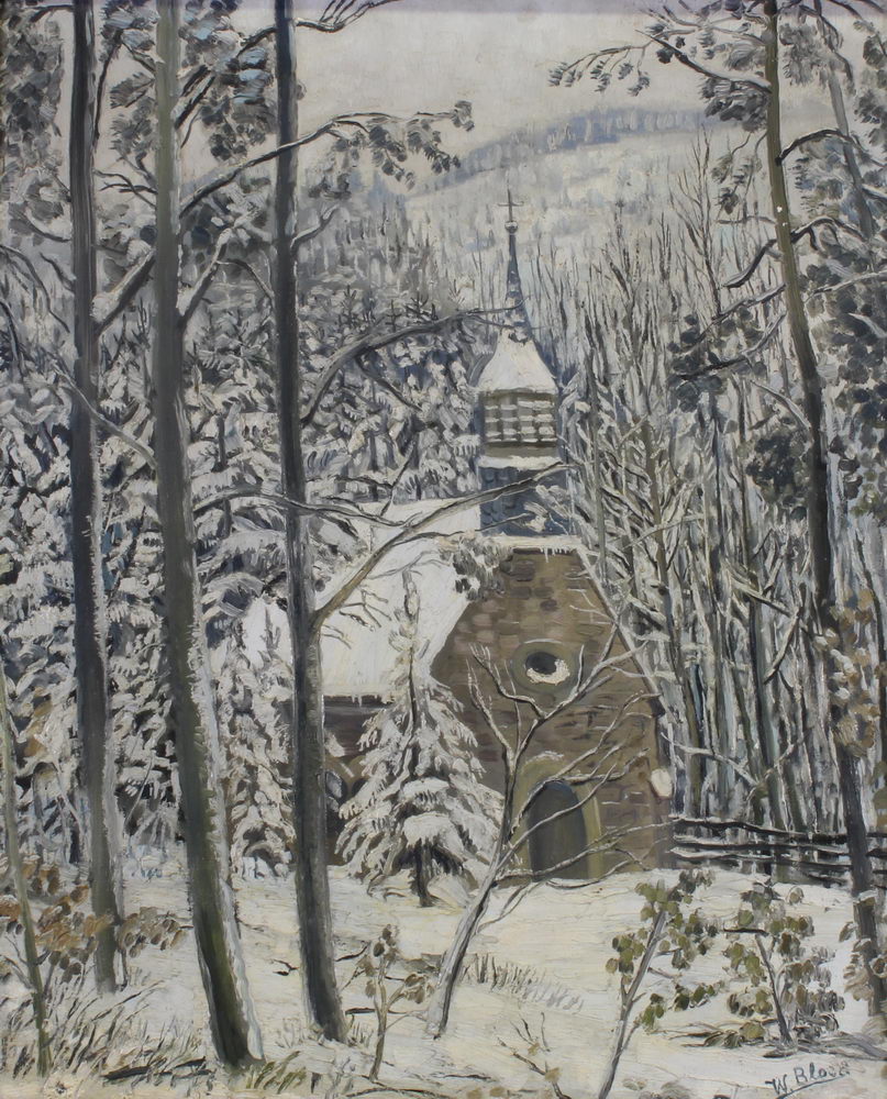 Bloos, Willy (1884 - 1959, Bruder des Richard Bloos, Landschaftsmaler), "Kapelle im Schnee", Öl au