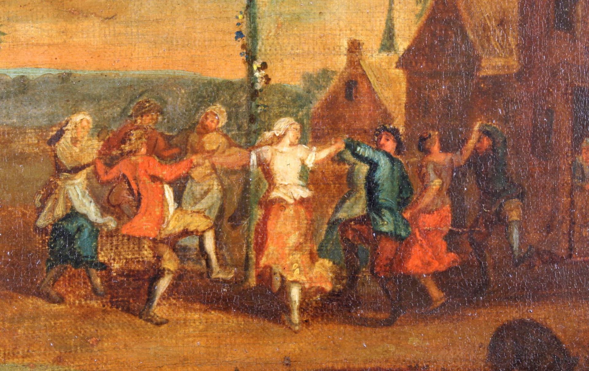 Genremaler (18. Jh.), "Bauerntanz", Öl auf Holz, doubliert, 27.5 x 34 cm, stark verpresst, kleine - Image 3 of 4