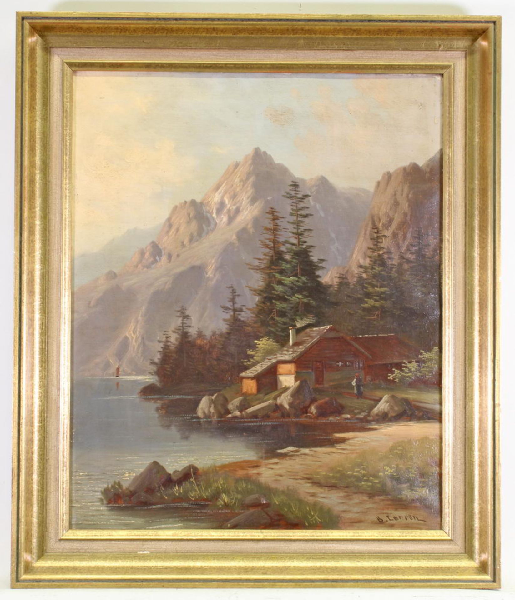 Larron, B. (19. Jh.), "Bauernhaus in Gebirgslandschaft", Öl auf Leinwand, signiert unten rechts B. - Image 2 of 4