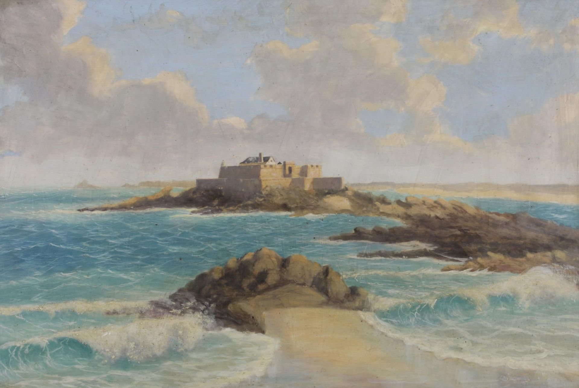 Französischer Maler (2. Hälfte 19. Jh.), "Festungsanlage am Mittelmeer", Öl auf Holz, 45 x 67 c