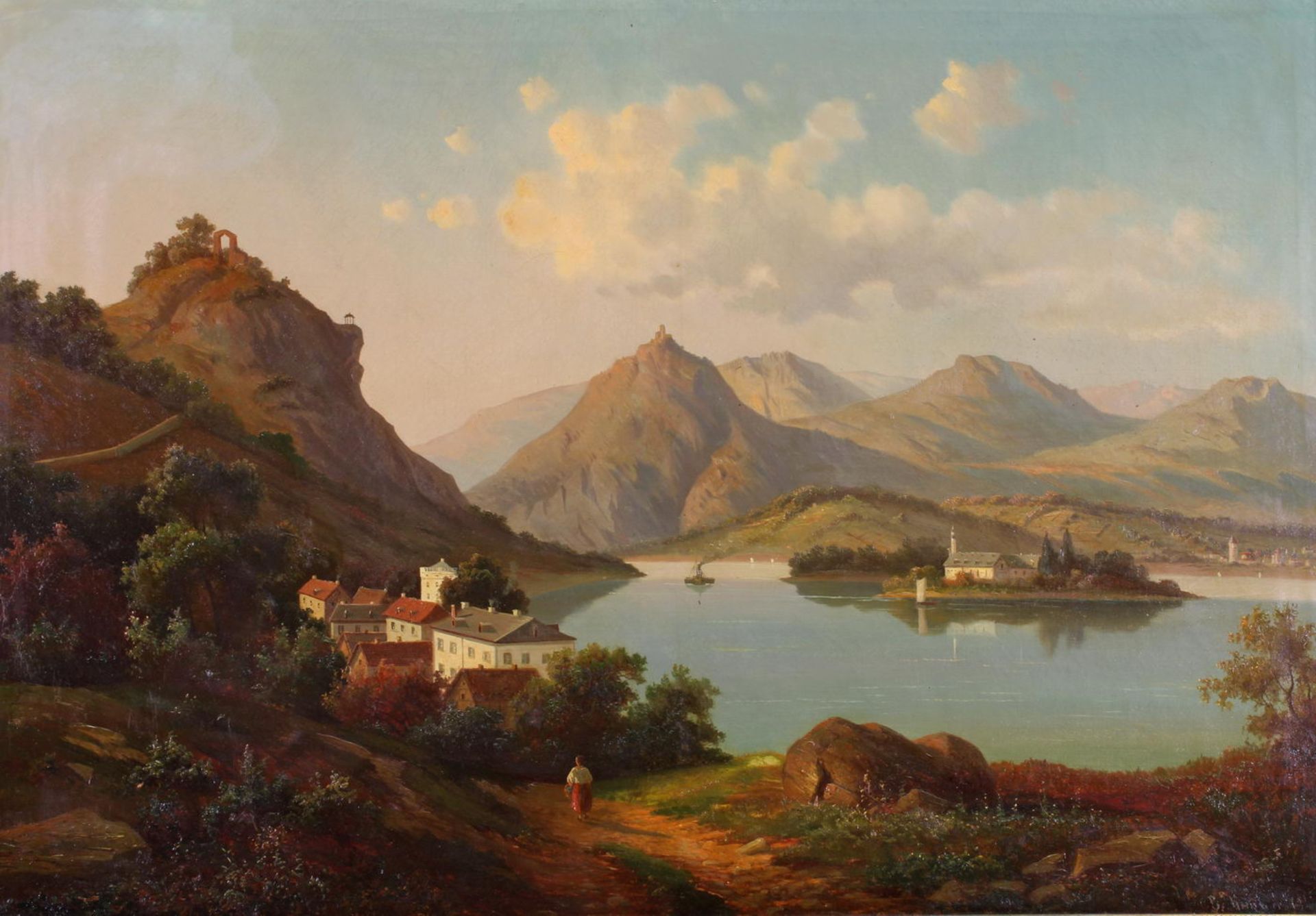 Kreutzer, B. (19. Jh.), "Blick auf den Drachenfels, den Rolandsbogen und Nonnenwerth", Öl auf Lein