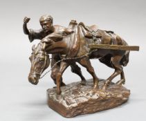 Bronze, dunkelbraun patiniert, "Bauer mit Pferd", an der Plinthe bezeichnet A. Pandiani Milano, 19
