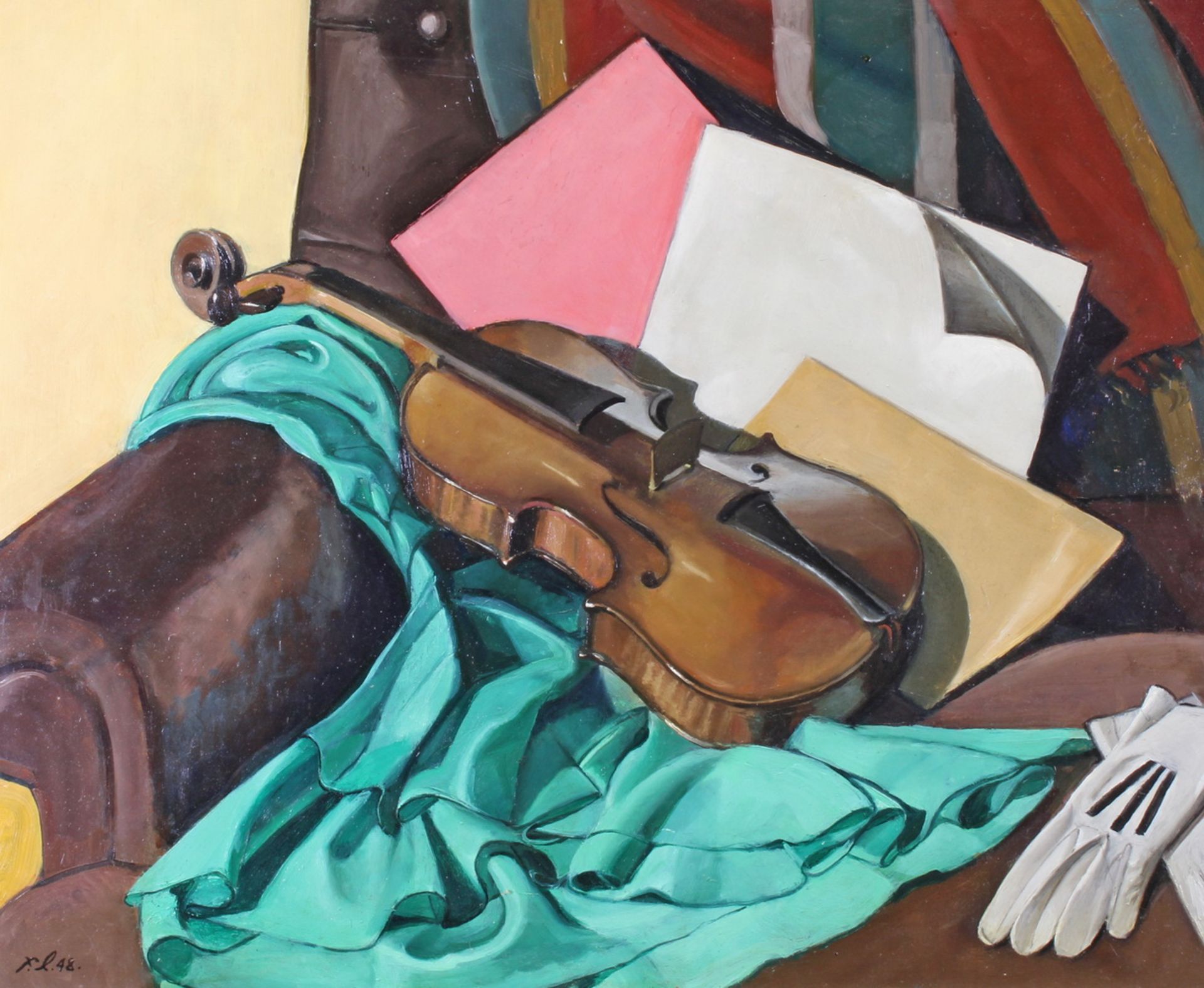 Russischer Maler (1. Hälfte 20. Jh.), wohl, "Stillleben mit Violine und Ballkleid", Öl auf Hartfa