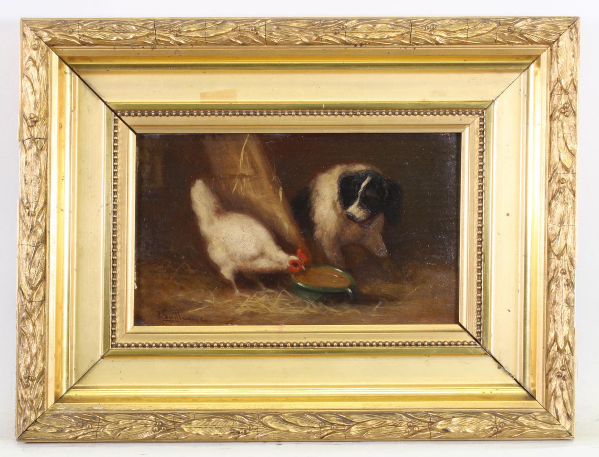 Guillaume, J. (19./20. Jh.), "Der Futterdieb", Hund und Huhn im Stall, Öl auf Holz, signiert unten - Image 2 of 4