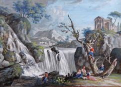 Kammrath, Anna (19./20. Jh.), wohl, "Spielende Kinder am Wasserfall", Gouache, signiert und datiert