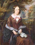 Porträtmaler (19. Jh.), "Dame vor Parklandschaft", Öl auf Leinwand, doubliert, 66 x 53 cm, alt re