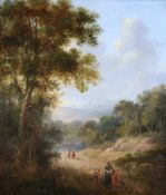 Landschaftsmaler (19. Jh.), "Personen in Seelandschaft", Öl auf Platte, 37 x 32 cm (R.A), Retusche