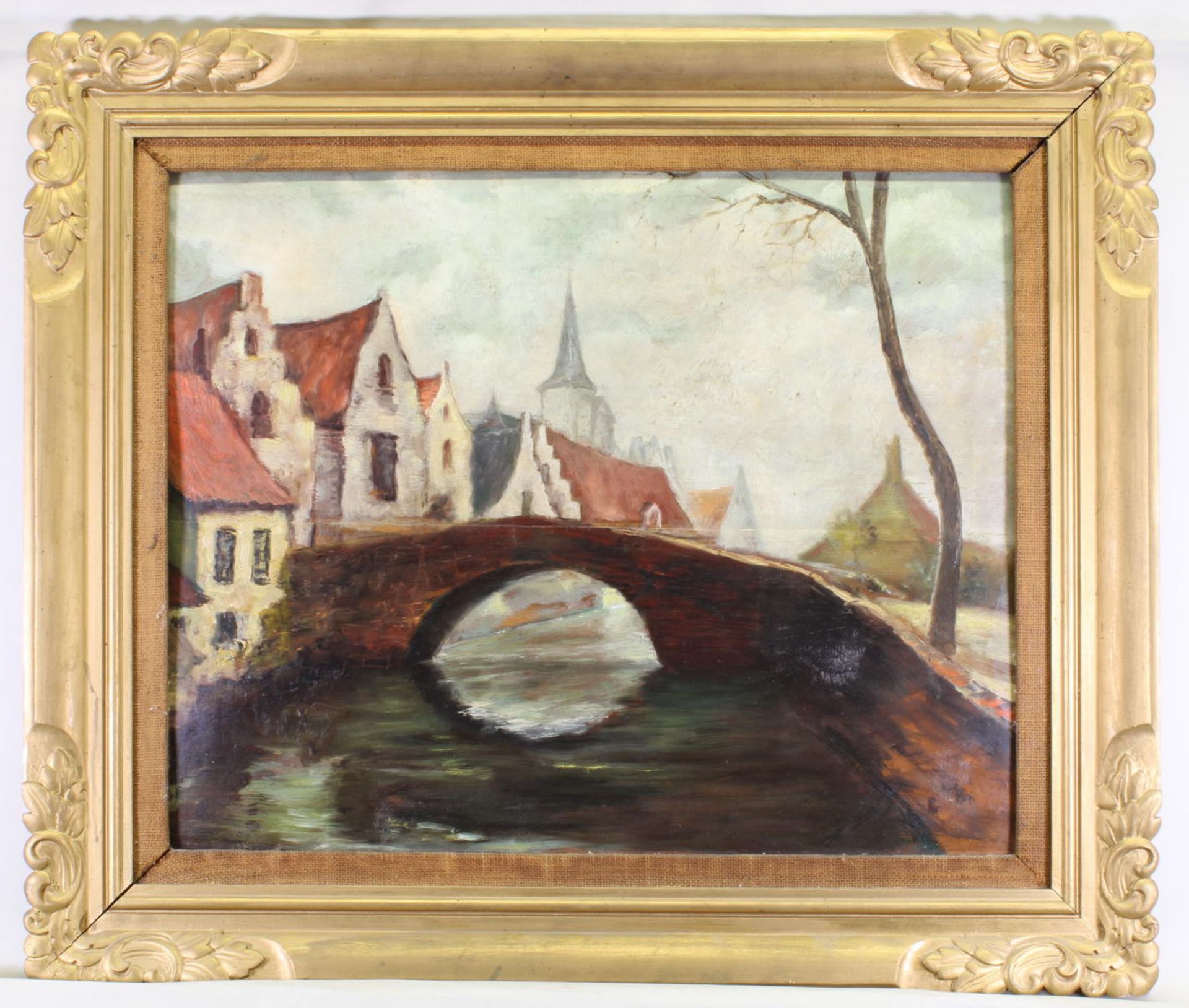 Belgischer Künstler (20. Jh.), "Brücke in belgischer (?) Stadt", Öl auf Holz, unleserlich signie - Image 2 of 4