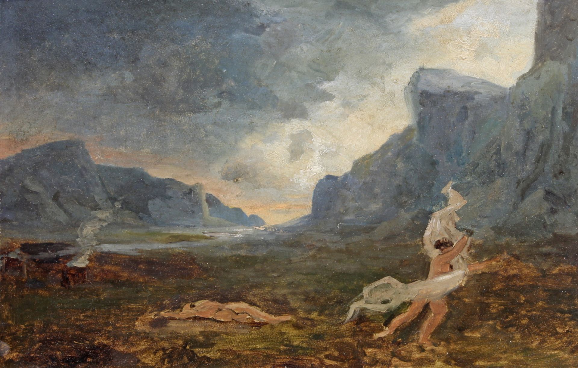 Unbekannter Maler (19. Jh.) "Mythologische oder literarische Szene", Ölstudie auf Karton, 27.5 x 4