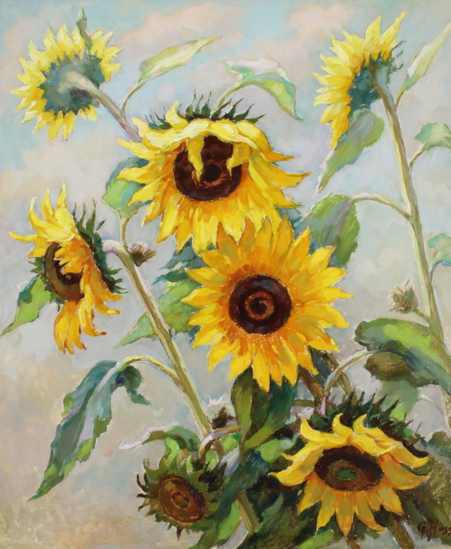 Gustav Hesse (20. Jh.), "Sonnenblumen", Öl auf Platte, signiert und datiert rechts unten G. Hesse 54