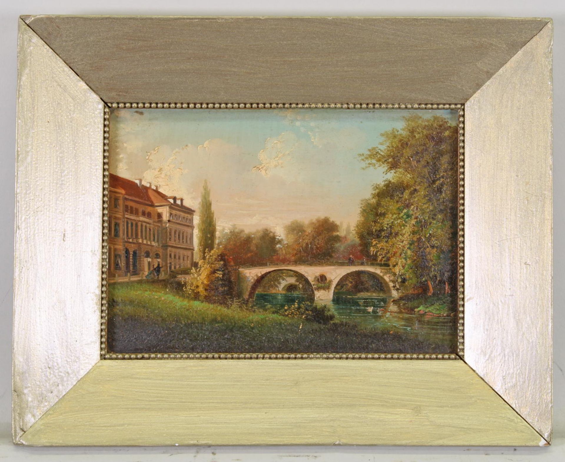 Niederländischer Maler (um 1850), "Brücke vor einem Schloss in den Niederlanden", Öl auf Karton, - Image 2 of 3