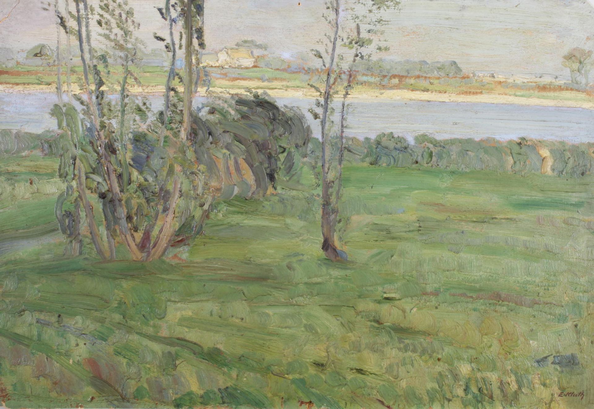 Kluth, E. (20. Jh.), "Sommerlandschaft", Öl auf Karton, signiert unten rechts E. Kluth, 49 x 71 cm