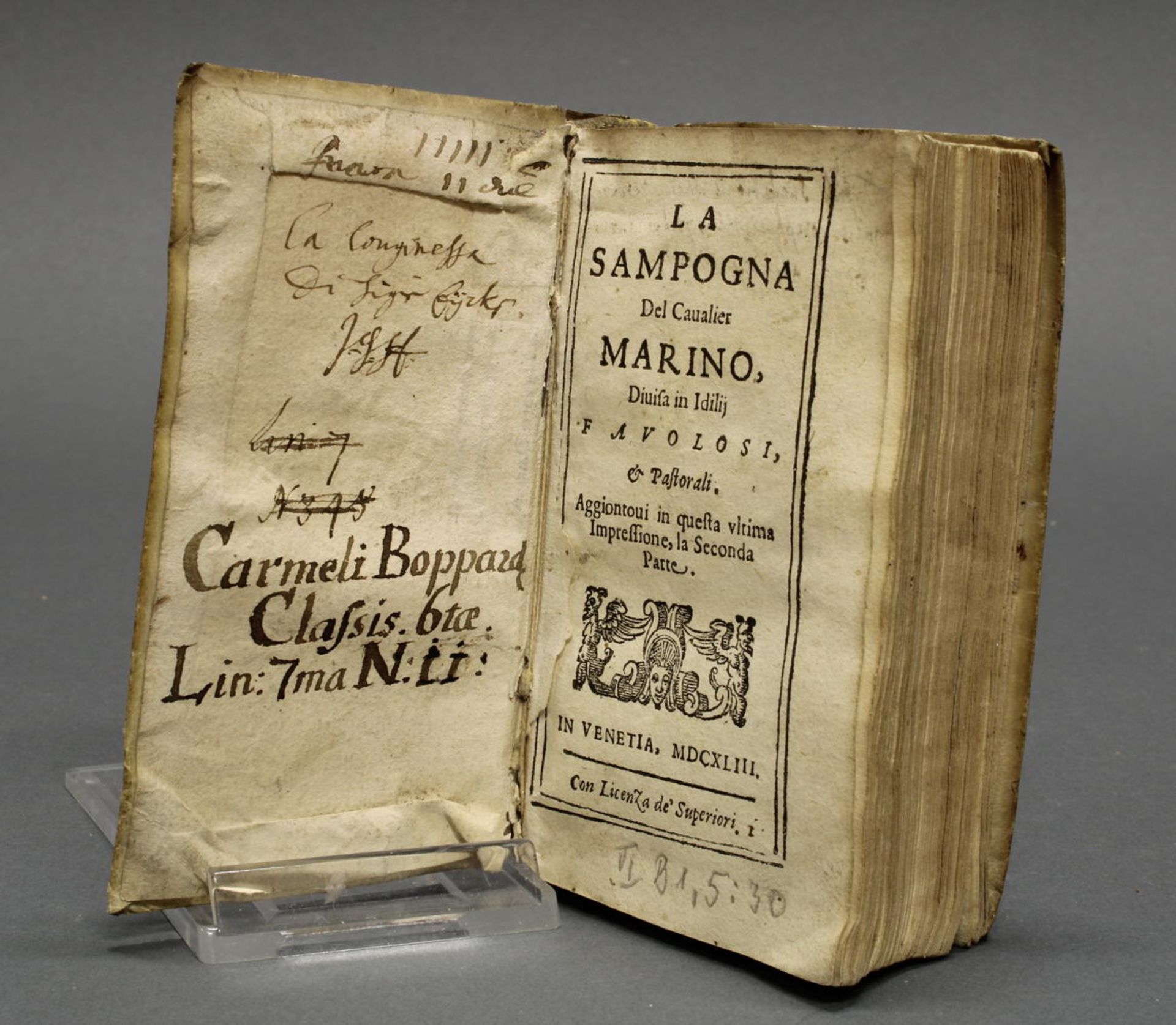 Buch, Giovanbattista Marino, "La sampogna del Cavalier Marino", 1643, mit Pergamenteinband (nicht k