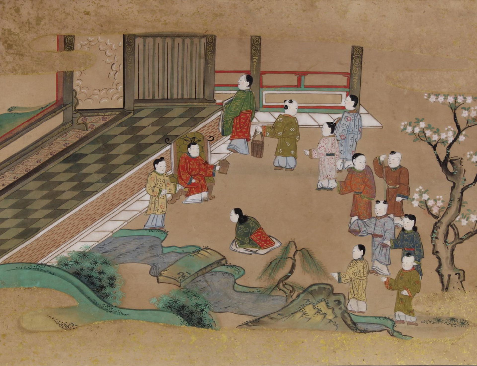 12 Malereien, "Figuren in Landschaft oder Palastanlage", Japan, spätes 19. Jh., Farbe und Gold auf - Bild 12 aus 12