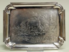 Tablett, Silber 925, Frankreich, rechteckig, Reliefdekor mit zechenden Bauern, profilierter Rand, 2