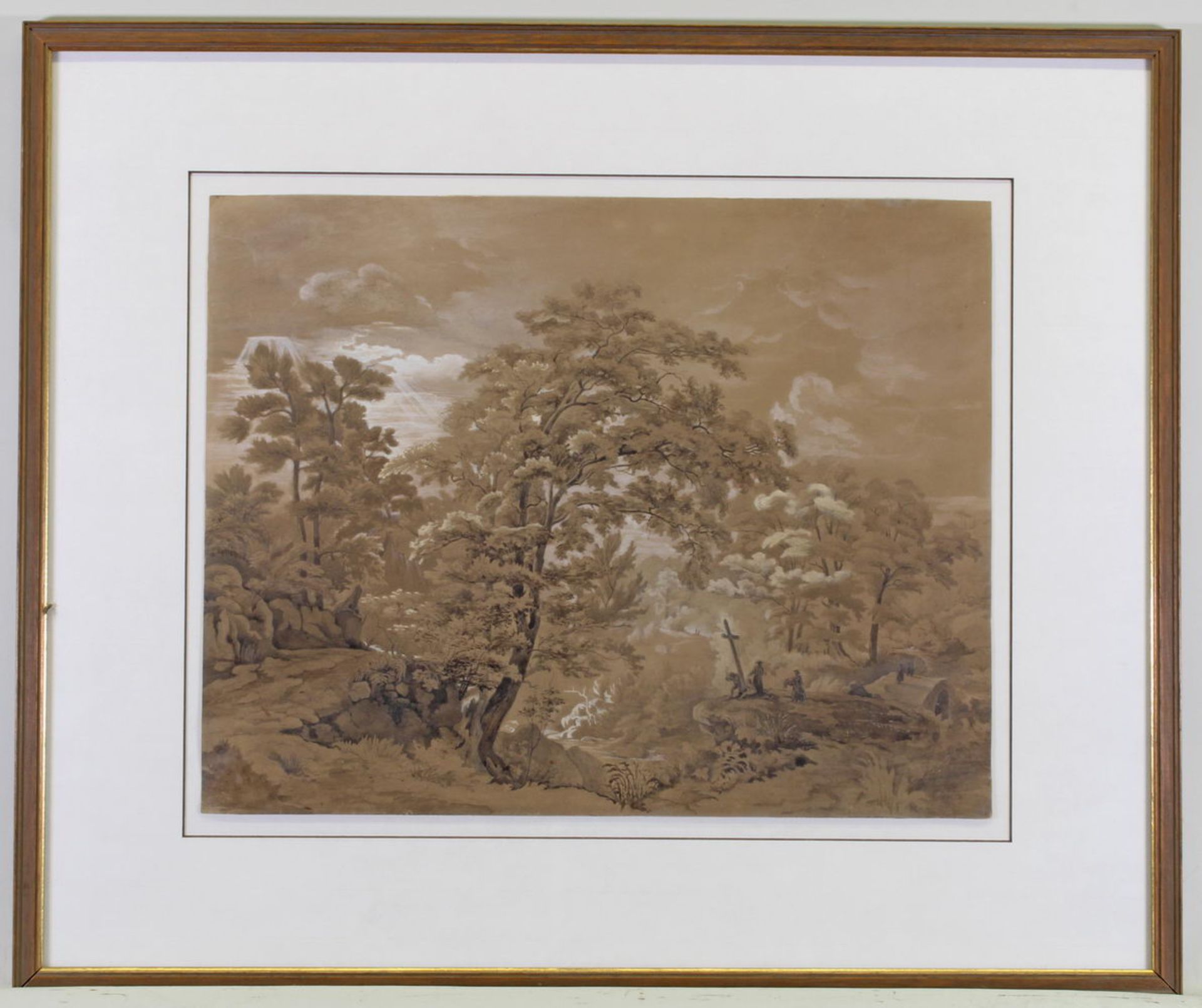 Unbekannter Zeichner (18./19. Jh.), "Waldlandschaft mit Figurenstaffage", Bleistift- und Tuschfeder - Image 2 of 2